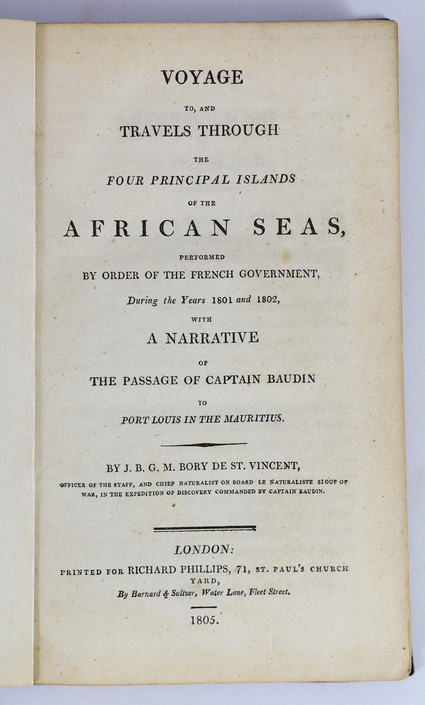 Bory de Saint-Vincent, Jean Baptiste G.M - Voyage, to, and Travels through the Four Principal Islands of the African Seas, 8vo, later black cloth, with 2 engraved folding maps and 5 plates (4 folding), Richard Phillips,